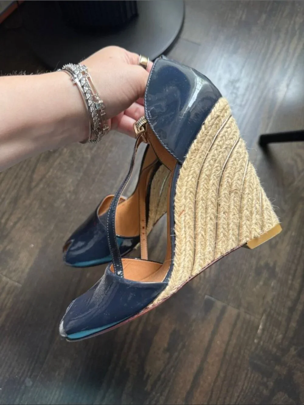 Schutz Navy Patent Espadrille Wedge Sandals